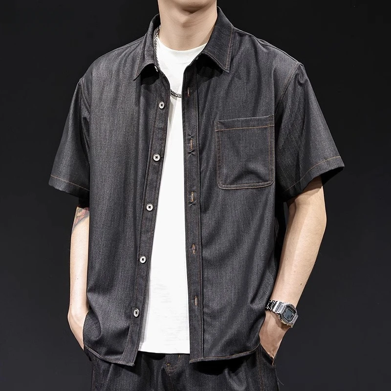 潮牌轻奢高级感天丝仿牛仔短袖衬衫男士2025新款夏季冰感薄外套男