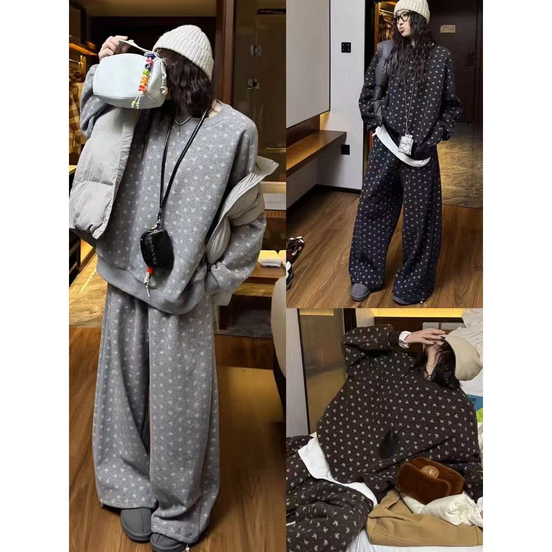 2025秋冬季新款女休闲加绒宽松显瘦卫衣阔腿卫裤时尚套装2501006