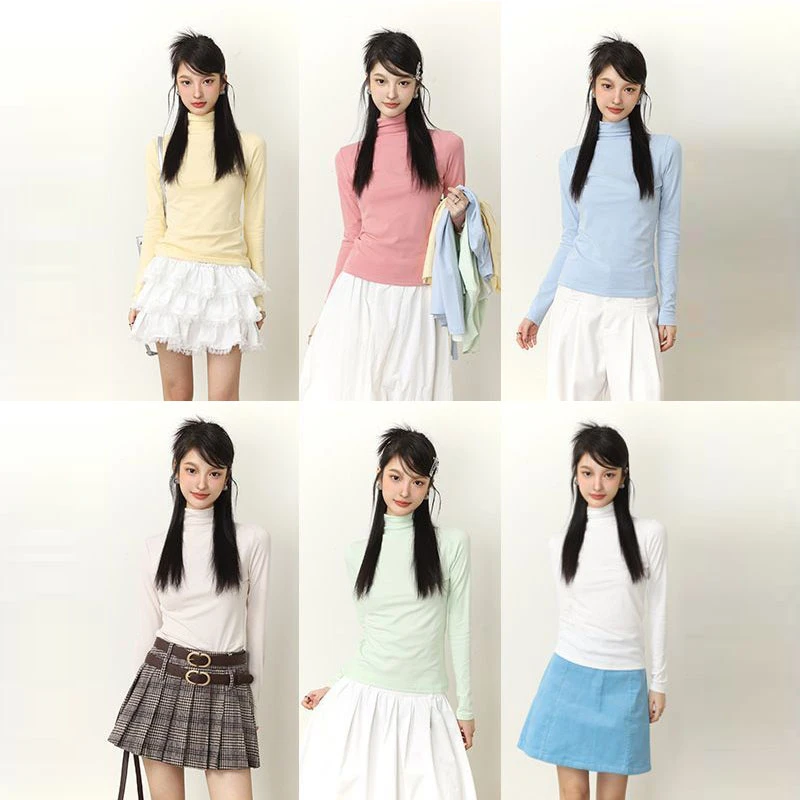 小众不撞款堆堆领长袖T恤女春秋季慵懒风修身显瘦半高领打底上衣