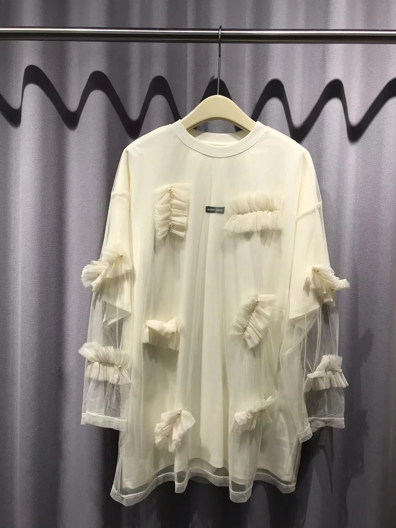 W123南油圆领拼接网纱百搭褶皱宽松减龄休闲中长款长袖T恤白色