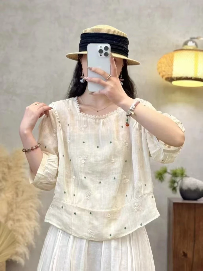 【001-100苎麻上衣合集】夏季新款纯苎麻小衫女高品质棉麻衬衫宽松