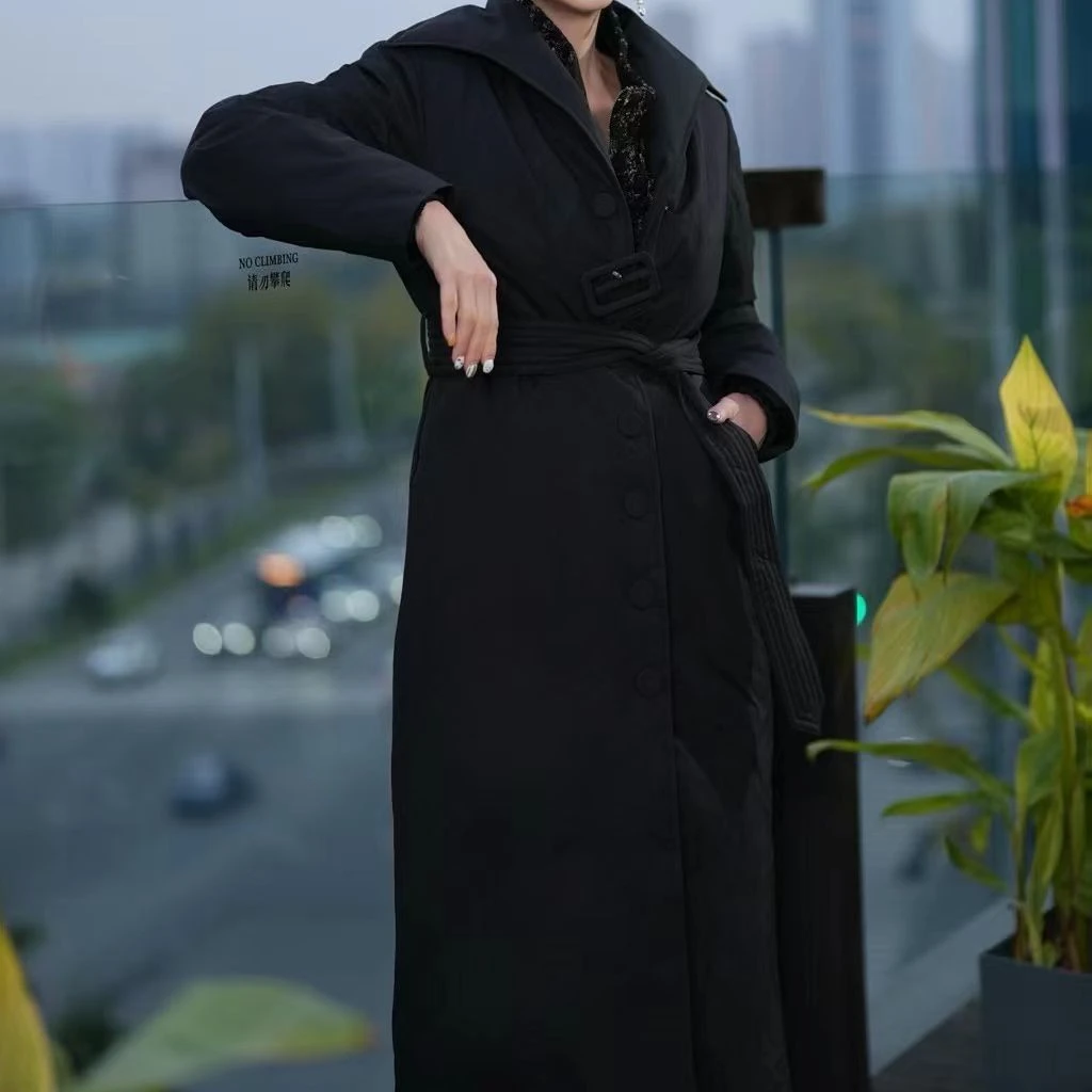 新中式冬季高奢重工收腰显瘦长款风衣式白鹅绒外套