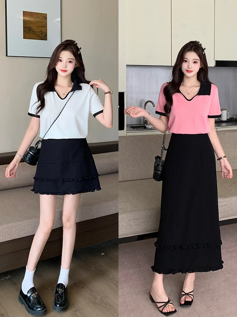 大码女休闲撞色翻领短袖长短款半身裙套装 71939+22205短+22566长