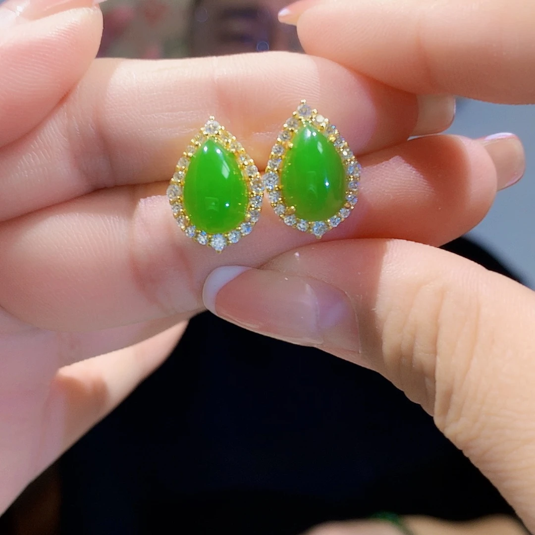 和田玉（碧玉）耳饰银S925镀金镶嵌