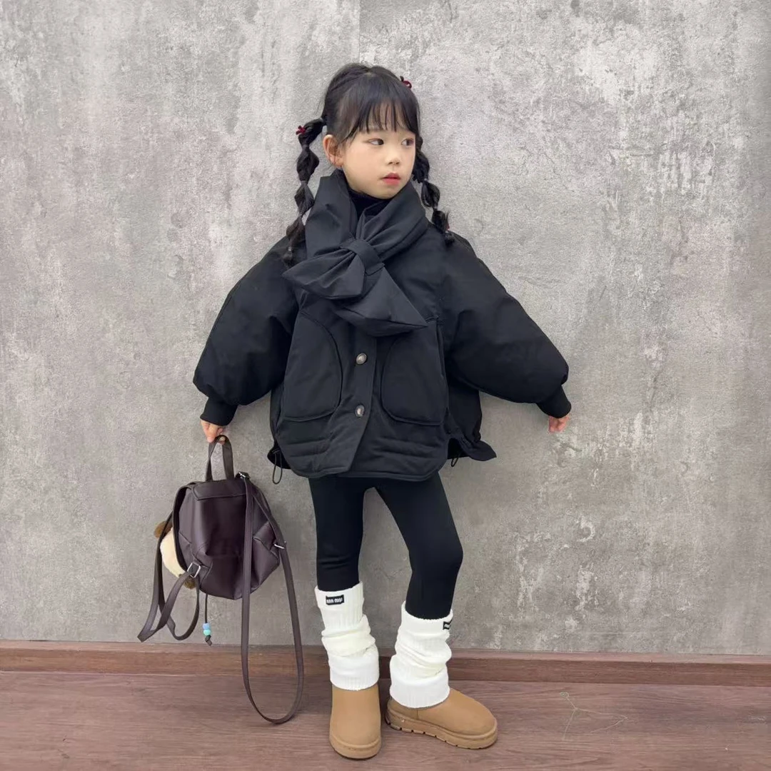 女童冬季新款女中大童时尚V领围脖款派克服棉衣百搭休闲裤两件套