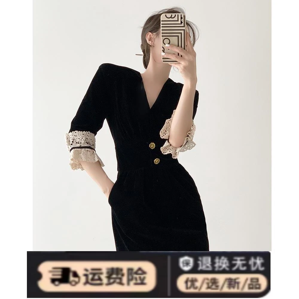 黑色法式小黑裙礼服丝女别致袖口拼接设计小众收腰显瘦韩版连衣裙