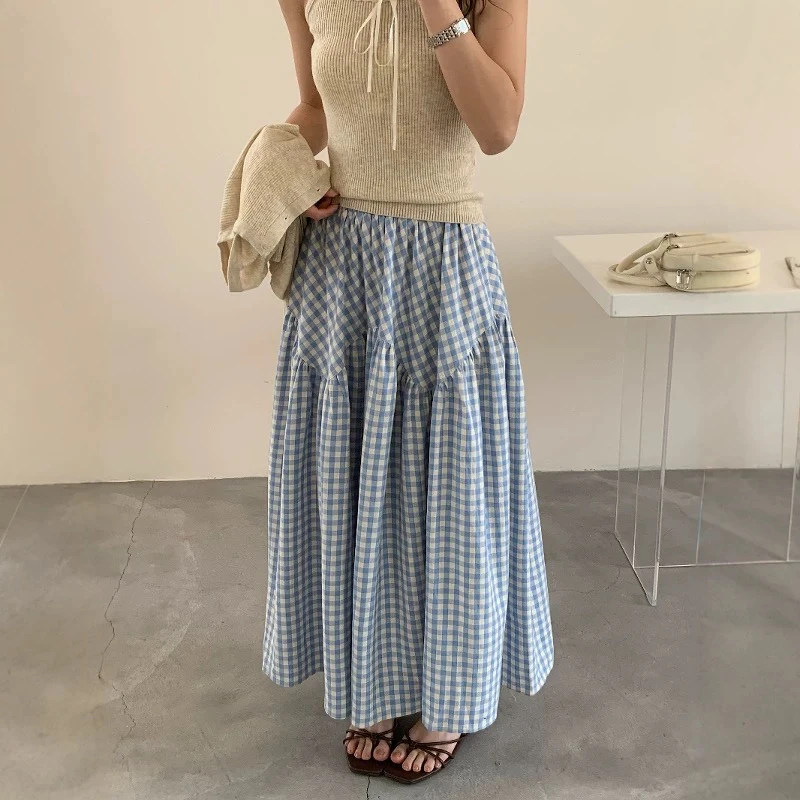 7508棉质格子半身裙松紧腰显瘦大裙摆长款半裙
