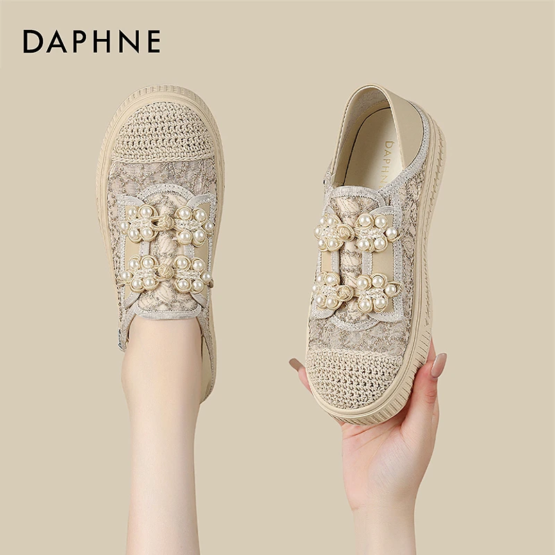 达芙妮厚底渔夫鞋女春季新款一脚蹬平底板鞋小香风网面单鞋女鞋子