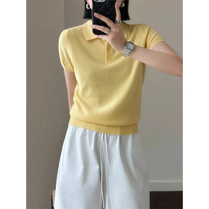 鹅黄色polo衫春季温柔套头针织衫翻领设计感罩衫显气质独特上衣