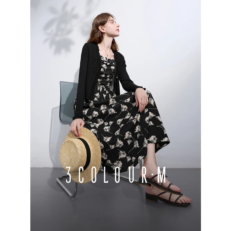 三彩2025夏季新款印花提花吊带裙碎花连衣裙法式a字裙大摆长裙女M