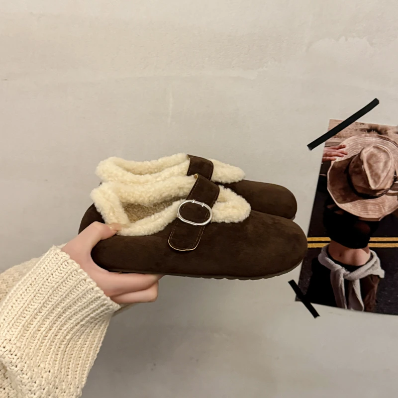 2025冬季新款复古玛丽珍鞋女平底魔术贴一字带保暖防滑软底毛毛鞋