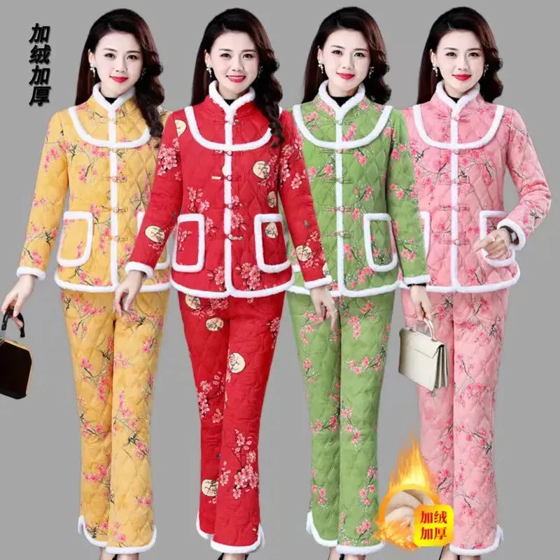 CC15冬新款加绒保暖毛边民族风两件套中年妈妈唐装棉衣棉裤女套装