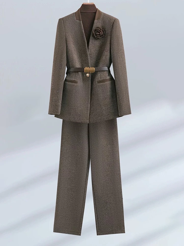 【纪朵研】H551秋冬小香风简约百搭上衣阔腿裤女装时尚套装