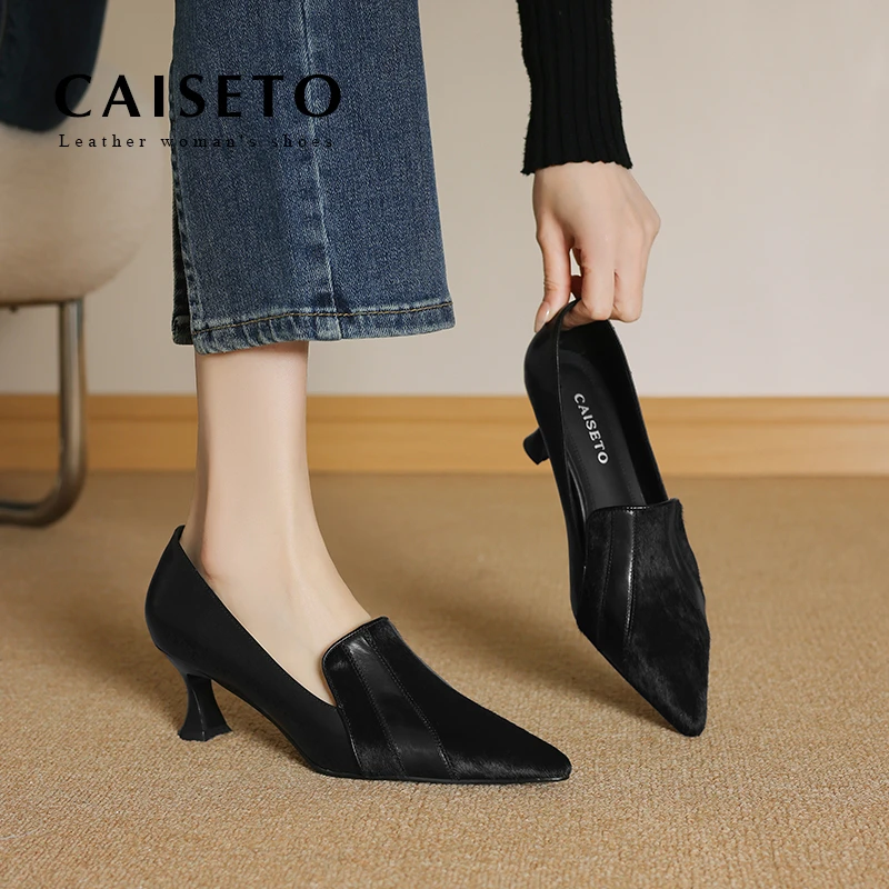 马毛5cm春秋浅口高跟鞋女细跟黑色职业尖头百搭时尚女鞋25D057