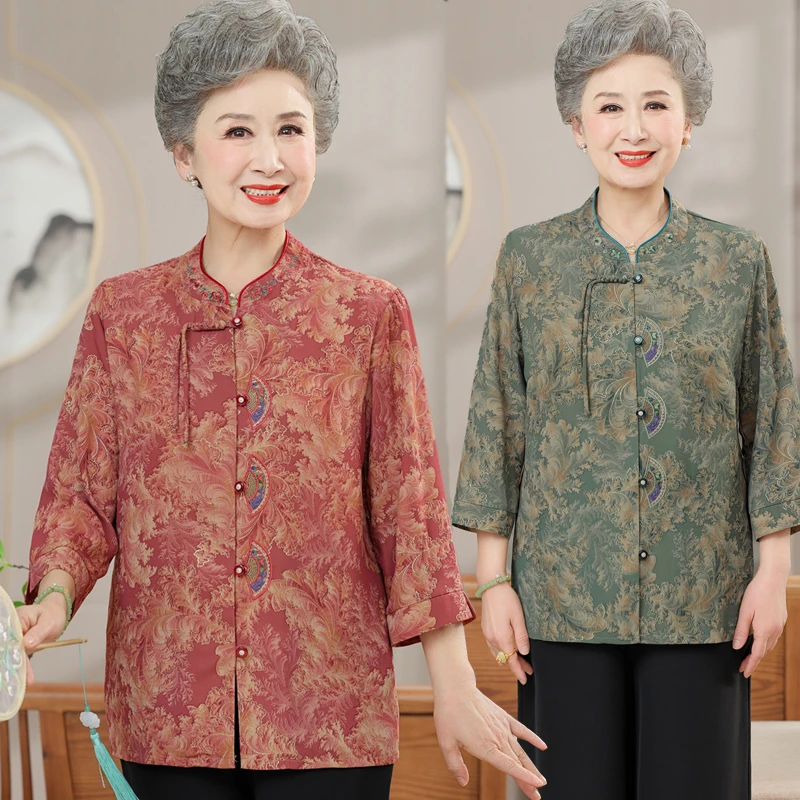 奶奶春装新中式国风上衣中老年人女妈妈装夏季薄款衬衫老人上衣服