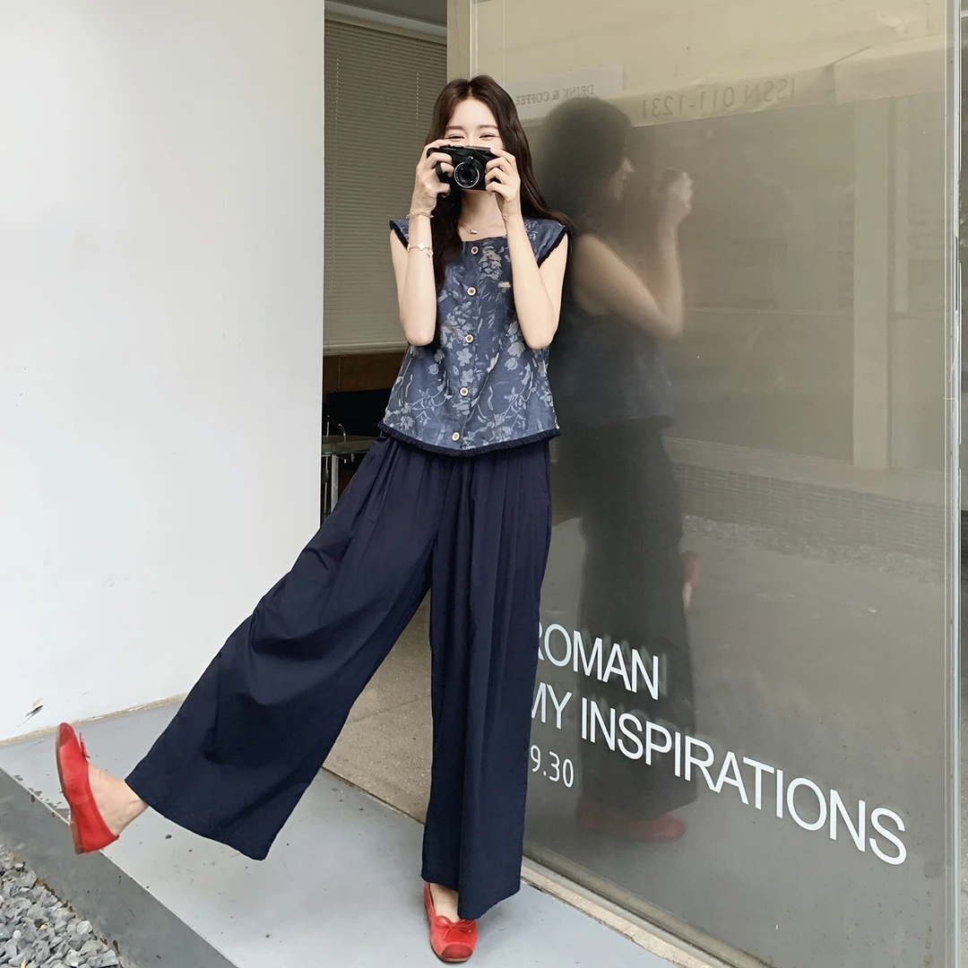 新中式国风碎花马甲阔腿裤套装女2025夏季新款ootd穿搭显瘦两件套