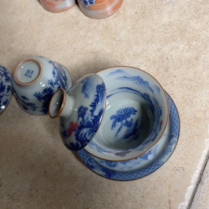 瓷片青花富春山居图盖碗jjj