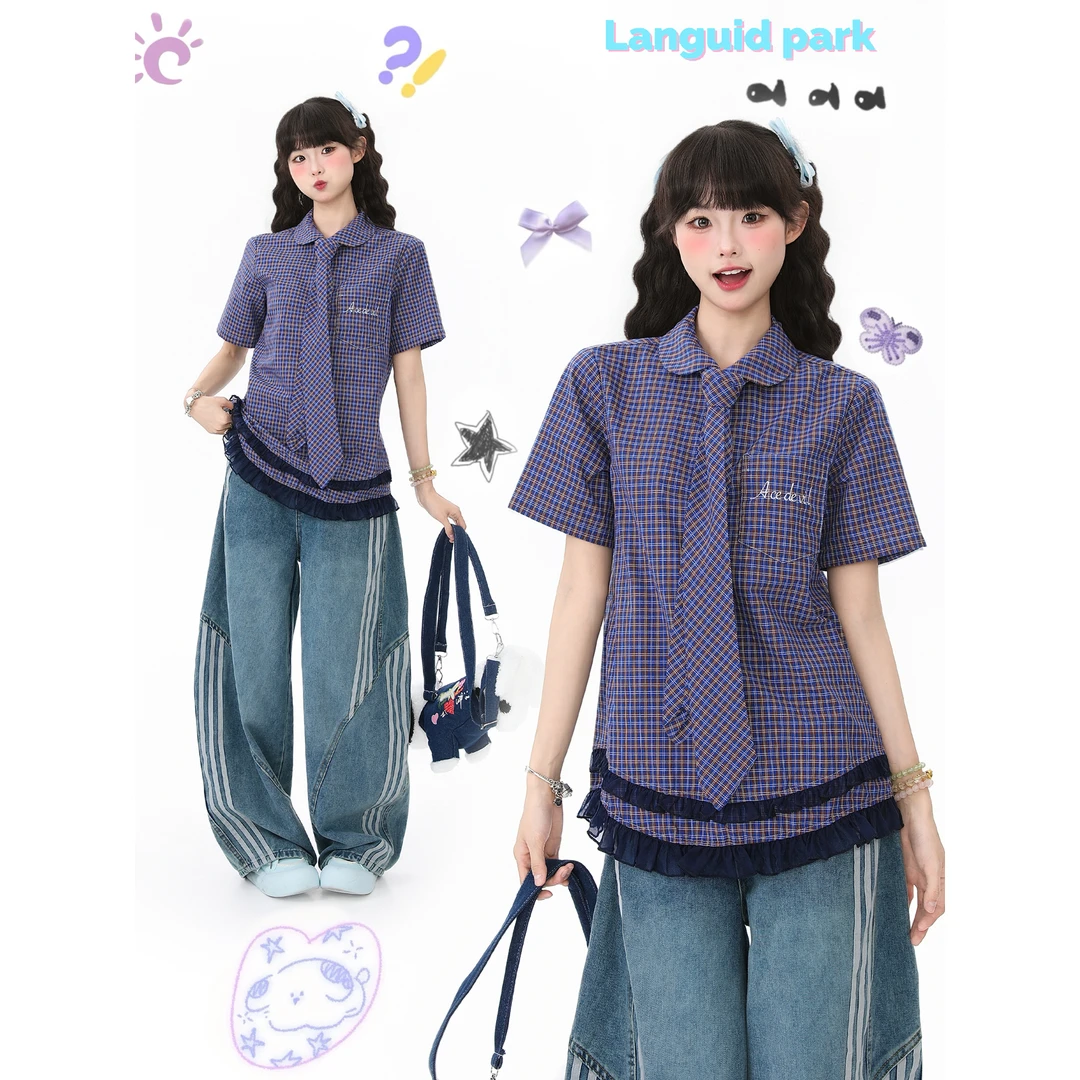 蓝鬼公园Languid Park蓝色格子Polo领短袖衬衫女夏季蕾丝小衫上衣