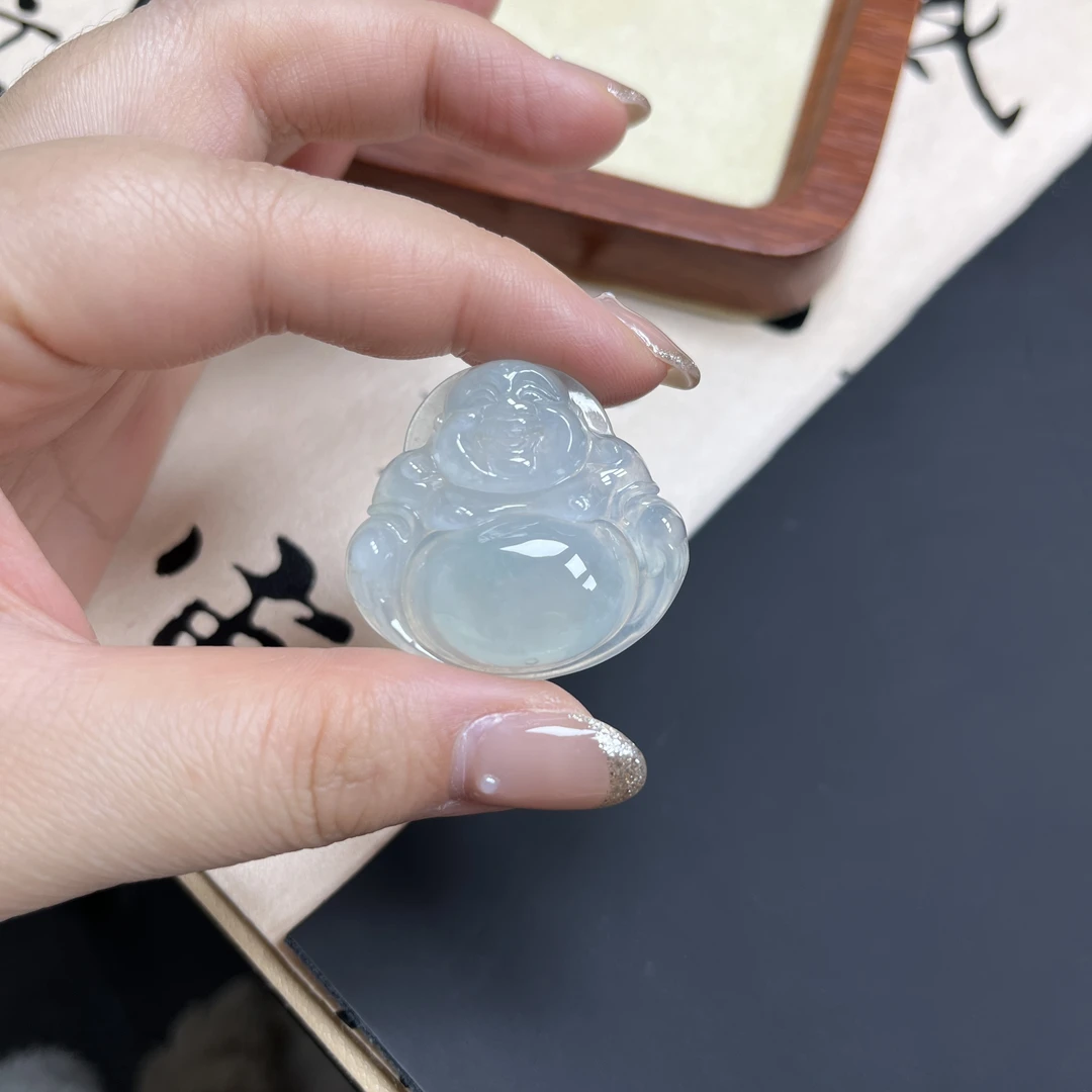 天然翡翠A货，冰胶大佛公吊坠，31.7×33.5×7.5