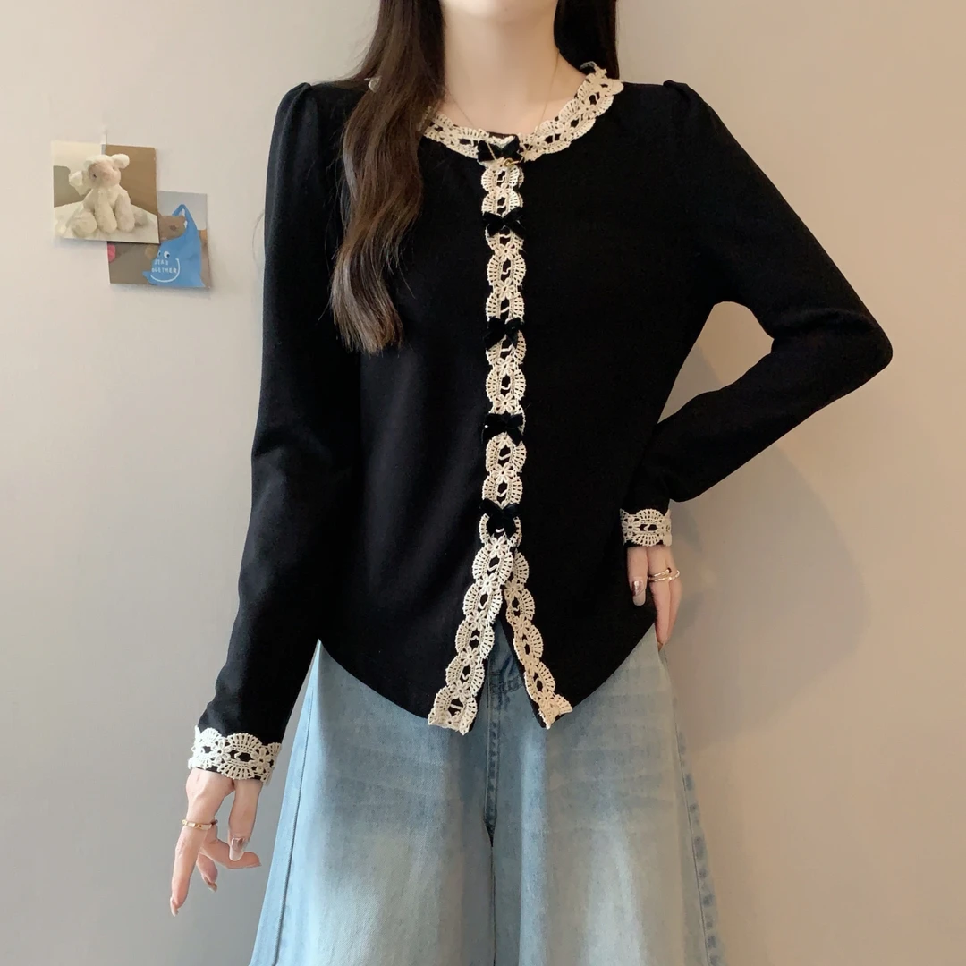 长2025秋季新款胖mm大码蕾丝花边撞色上衣女显瘦减龄打底衫80456