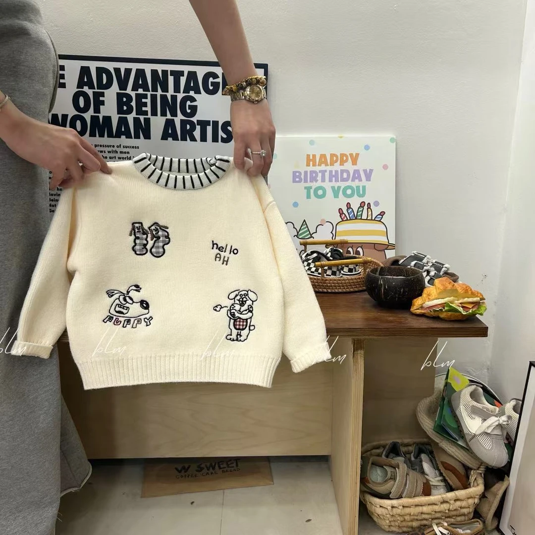 秋冬新款男童毛衣加厚刺绣韩版时尚加厚儿童宝宝圆领