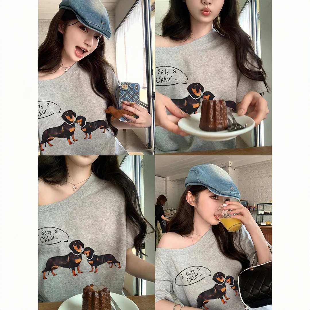 SUMBUR夏季新款欧美辣妹穿搭一字露肩短袖t恤女时尚百搭宽松上衣