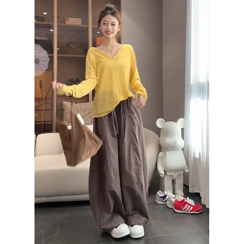 2025年早秋季时尚慵懒感百搭软糯长袖上衣高腰垂感显腿长休闲裤子