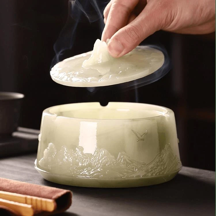 创意个性高档浮雕山峦烟灰缸大号带盖防飞灰烟缸茶几摆件茶具配件