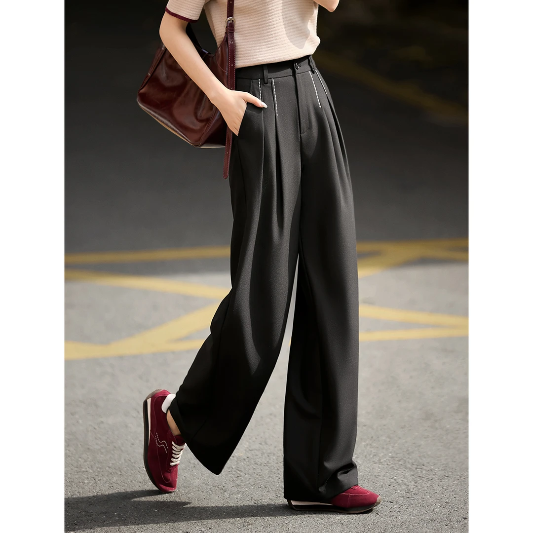 XWI/欣未【直播】通勤休闲撞色直筒裤25春拱针设计双褶百搭显瘦女裤