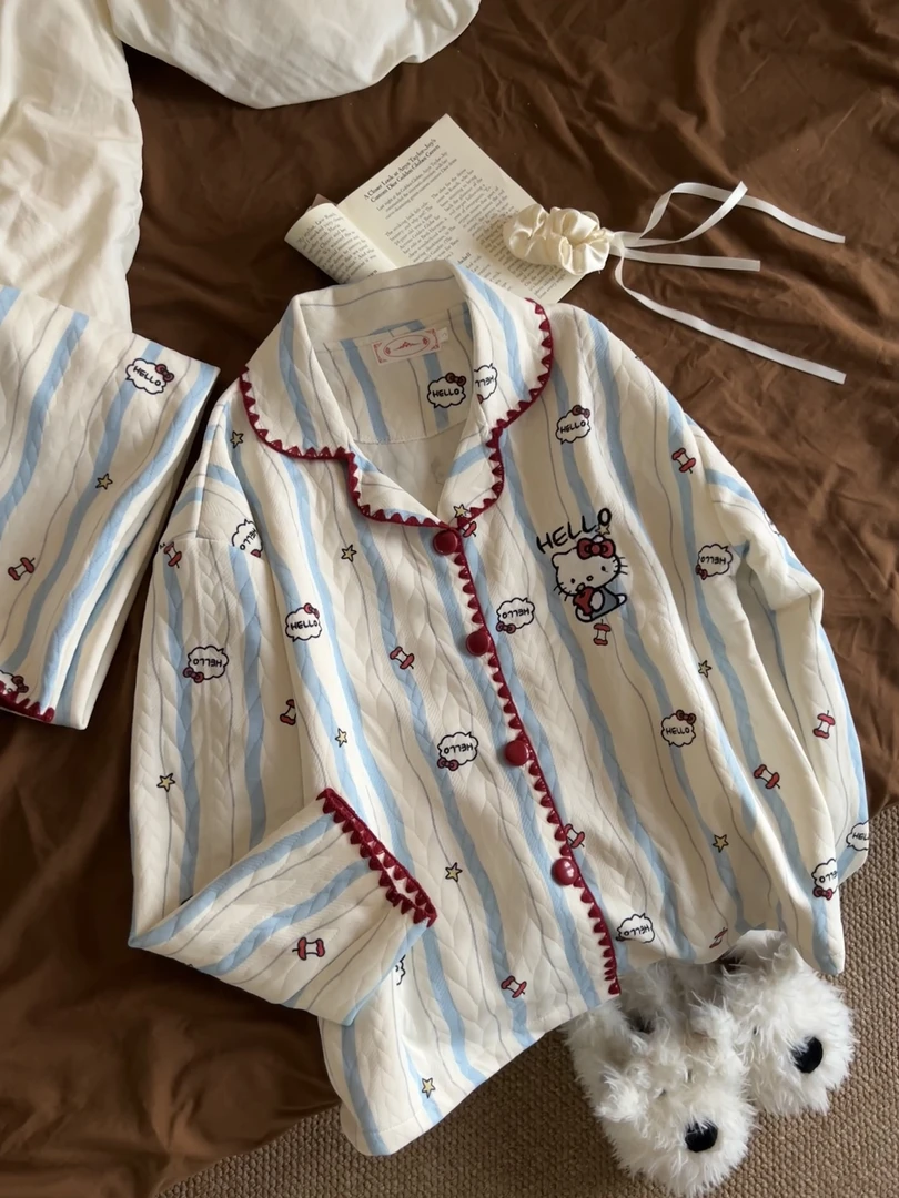 【蓝白条kitty】线条ins韩版睡衣女秋冬季空气棉夹层可爱风家居服