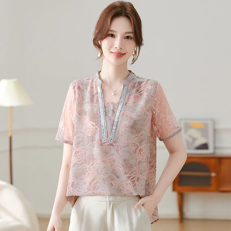 2025洋气妈妈夏装短袖套装中老年女高贵洋气小衫阔腿裤两件套