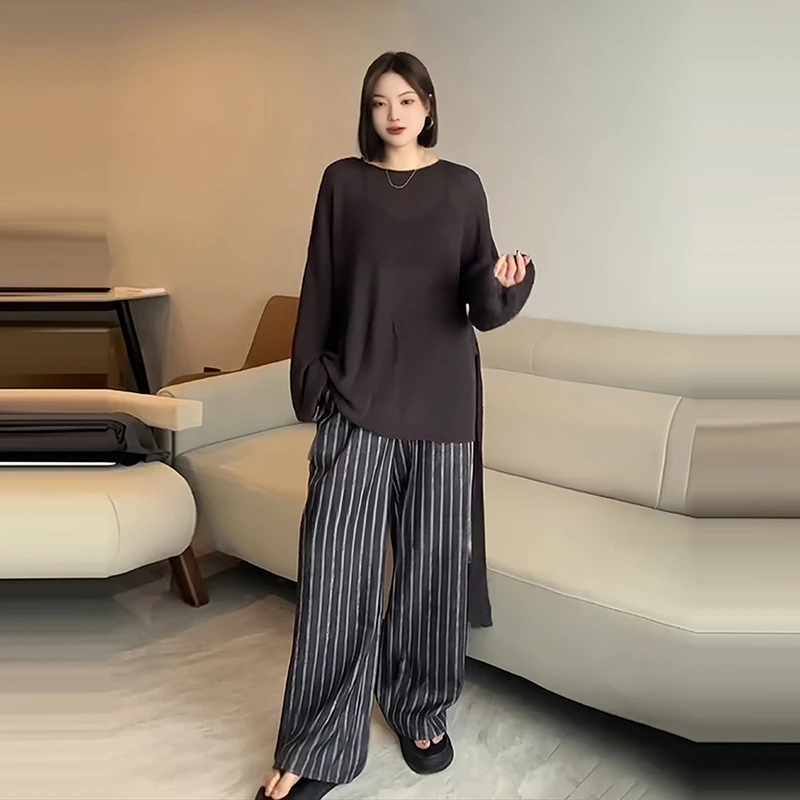 时尚洋气气质宽松休闲显瘦针织衫条纹裤2025春季新款减龄两件套女