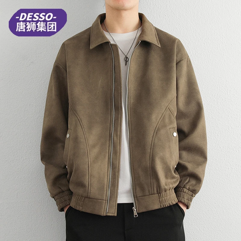 唐狮集团DESSO翻领外套男士春秋季美式宽松休闲工装麂皮绒夹克