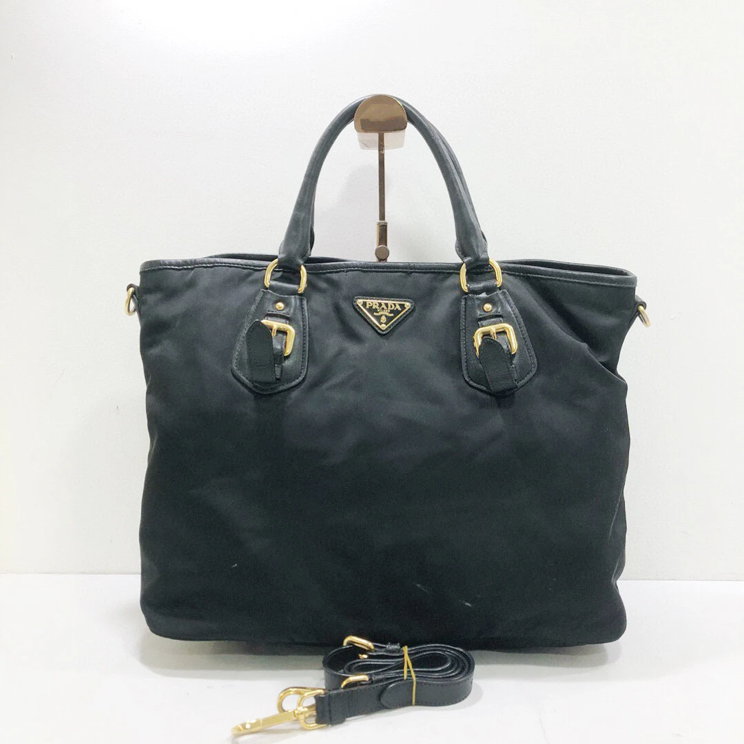 95新 Prada/普拉达 普拉达黑色降落伞材质拼皮手提单肩斜挎包