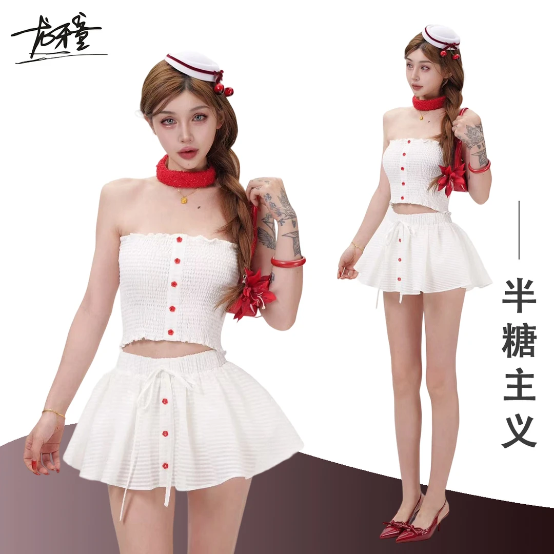 （清）龙怼怼推荐【半糖主义】欧美性感夏日甜妹裙套装蕾丝抹胸短款