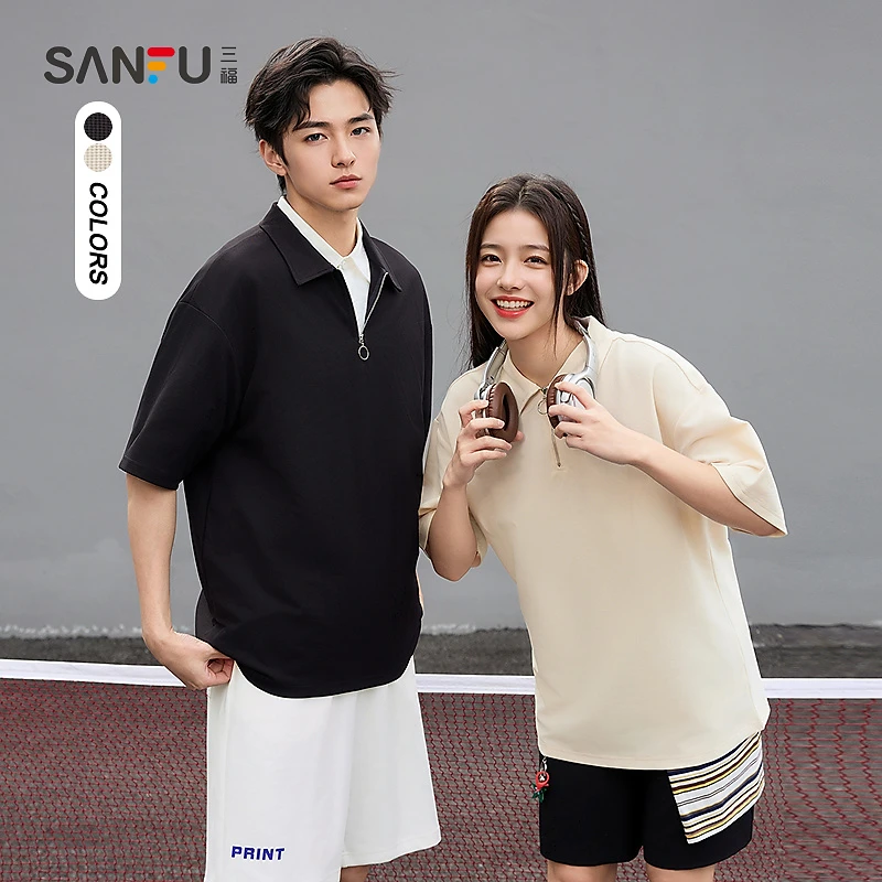 三福2025夏季男士净色拉链短T恤 休闲气质polo领上衣496432
