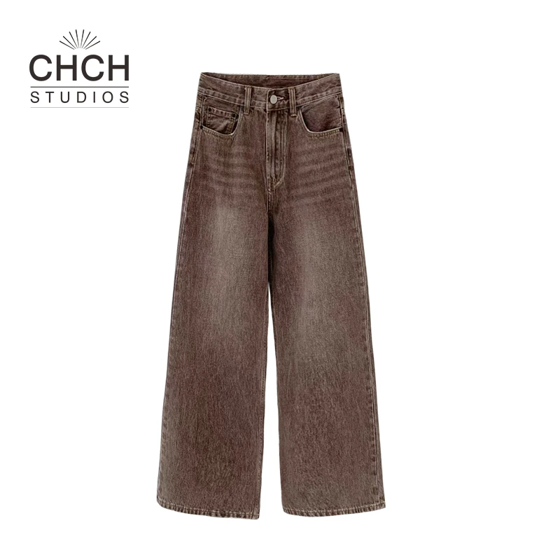 RAQCK12456冬季新款水洗做旧复古阔腿牛仔裤女款