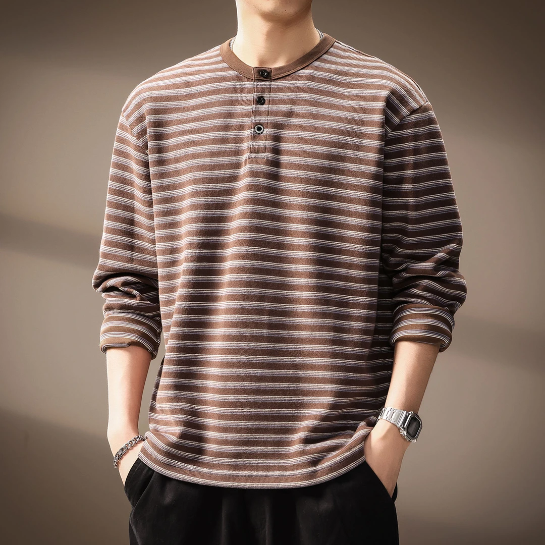 高端日系复古亨利领条纹卫衣男2025秋季新款潮牌宽松撞色海魂T恤