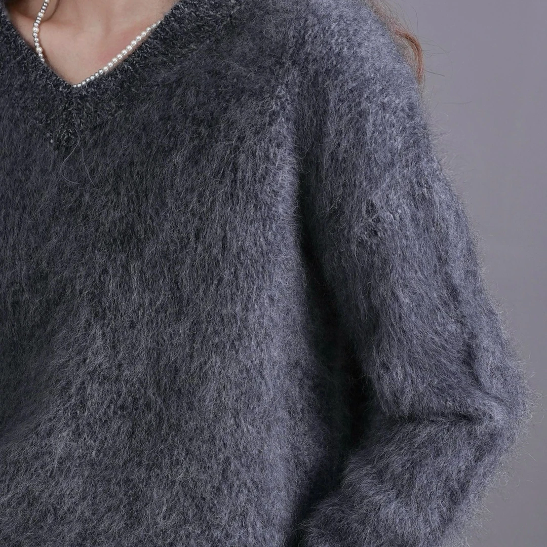 干洗-V领花纱韩版慵懒时尚女士网红气质百搭拉毛拉绒套头衫9289