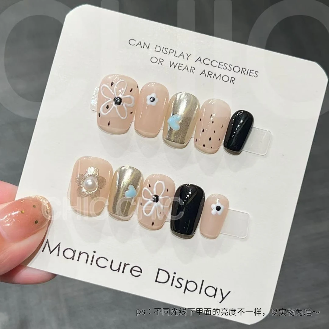 【清透小花】ins风纯手工短款穿戴甲甜美显白可拆卸美甲贴片十片