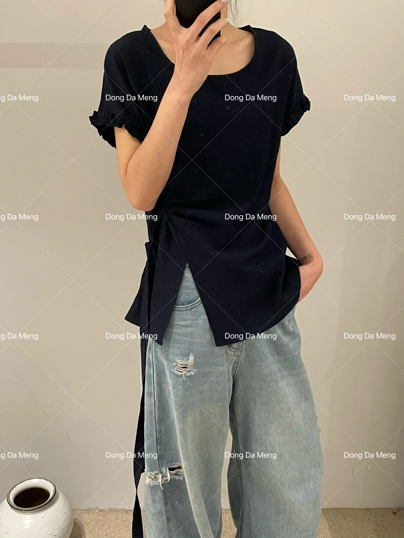 1707 不规则百搭显瘦绑带设计宽松舒适短袖T恤小众