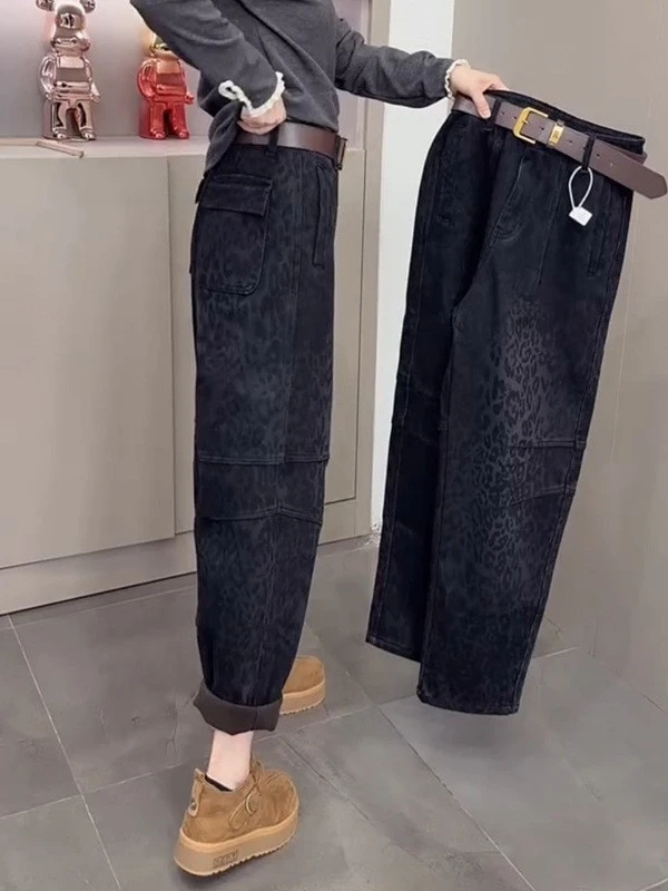 欧洲站豹纹牛仔裤女冬季新款裤子加绒加厚九分裤子显瘦高腰哈伦裤