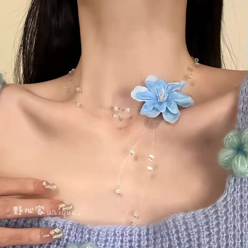 非金属仿水晶项链 甜美气质蓝色花朵项链度假风choker锁骨链仙女