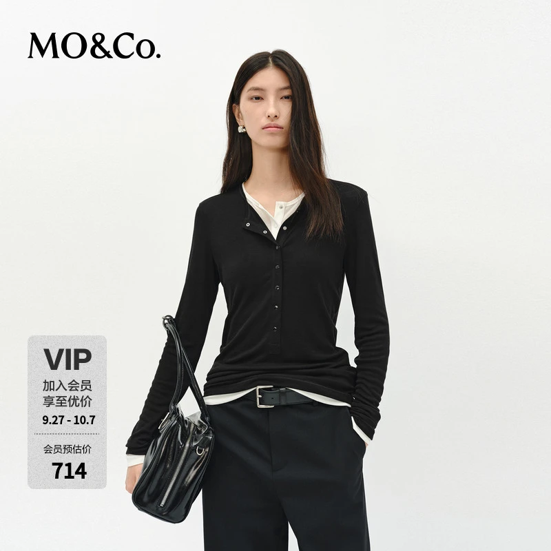 MOCO上衣2025春新品天丝绵羊毛半开襟亨利领黑白两件套MBE1TOP002