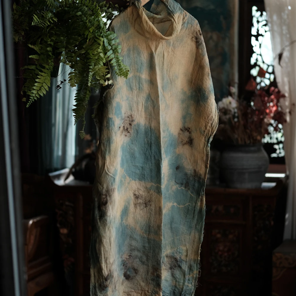 落古泥轻定制个性苎麻宽松毛边大袍连衣裙高级感1992植物染绿红调