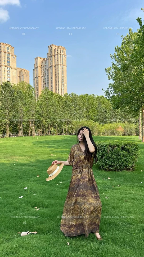 【枫叶蜜语】HL棉绸夏季国风休闲气质显瘦百搭法式高级长款连衣裙