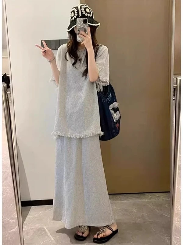 特大码300斤胖妹妹休闲时尚慵懒套装女夏季流苏短袖半身裙两件套