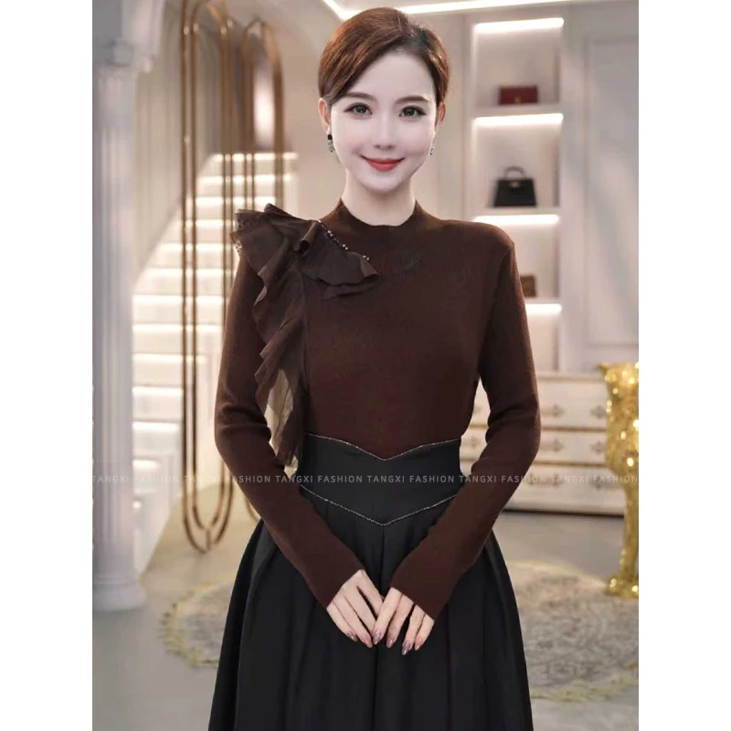 2025秋冬新款【8386】含绵羊毛针织打底衫荷叶边棕色修身百搭毛衣女