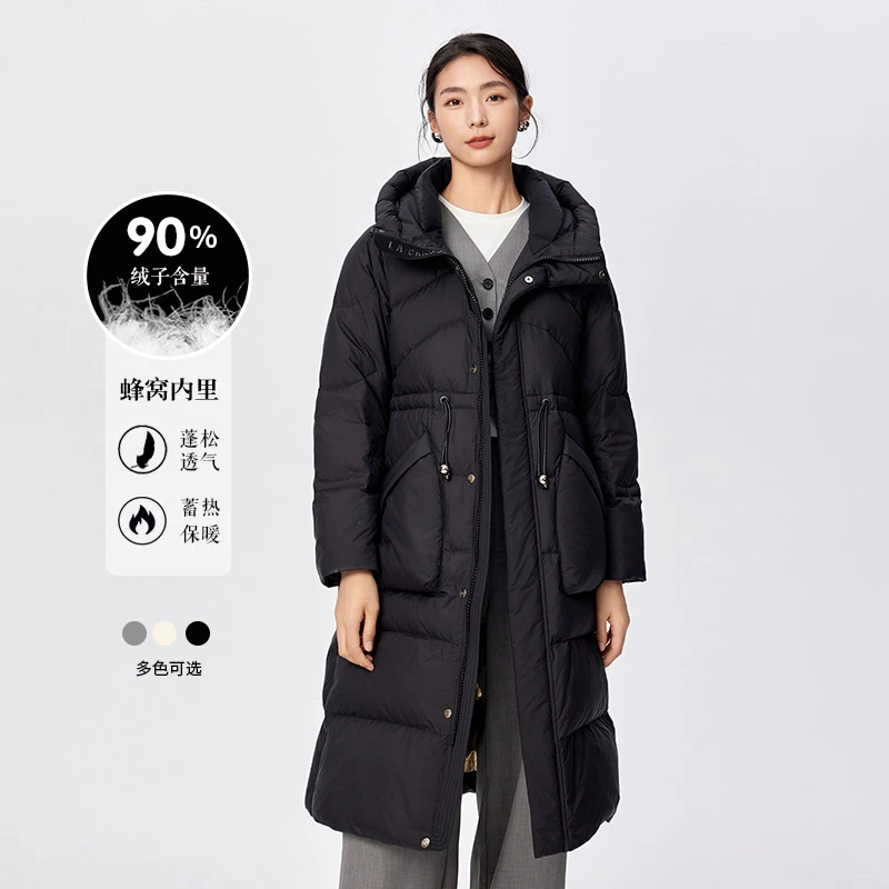 拉夏贝尔纯色休闲简约宽松连帽长款羽绒服女加厚冬季通勤保暖外套