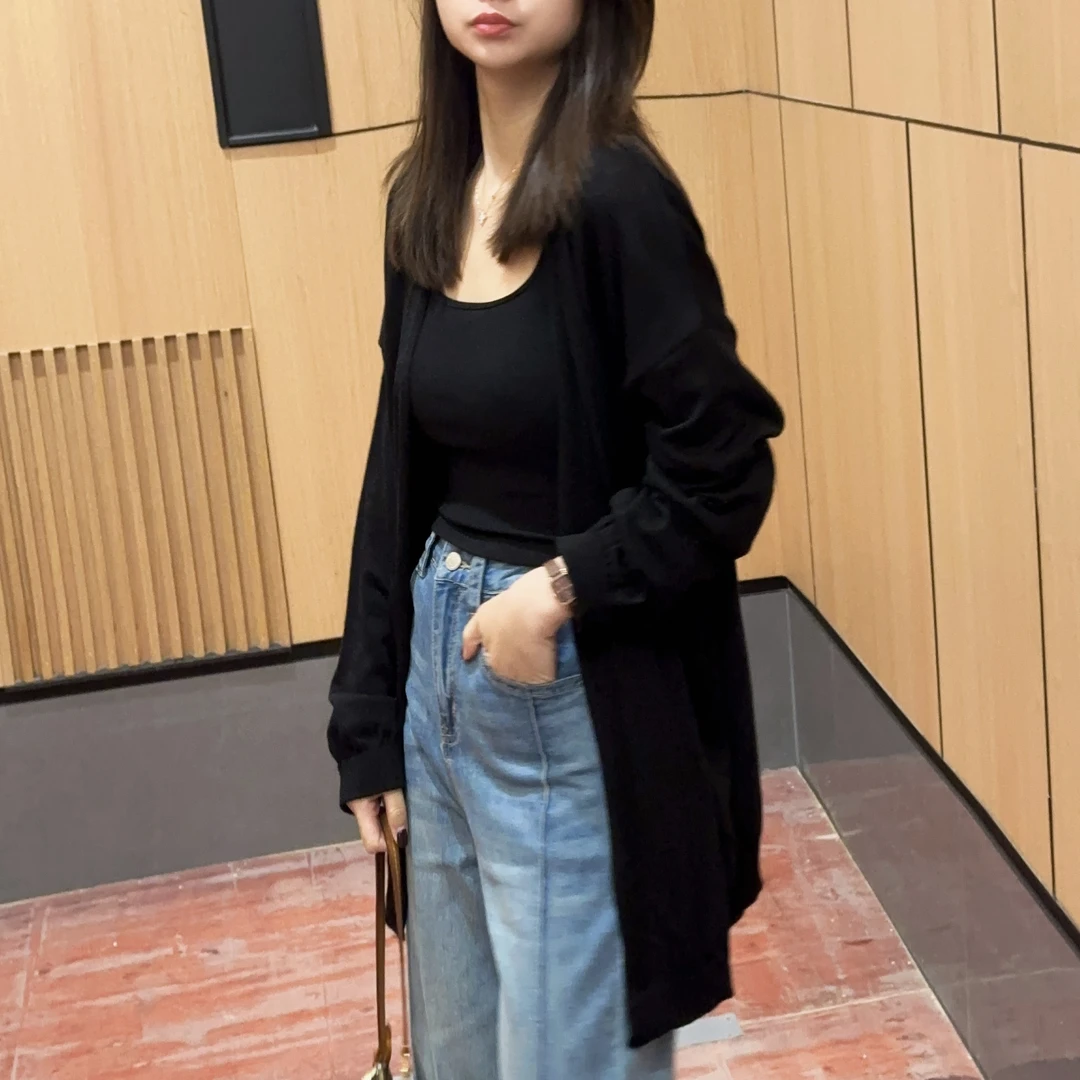 #542 极简薄中长款长袖针织防晒开衫外套